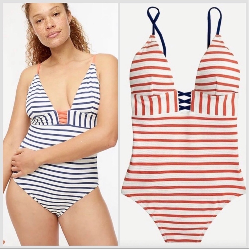 Jcrew V-neck crisscross one-piece in textured stripe Blue Red Sz 8